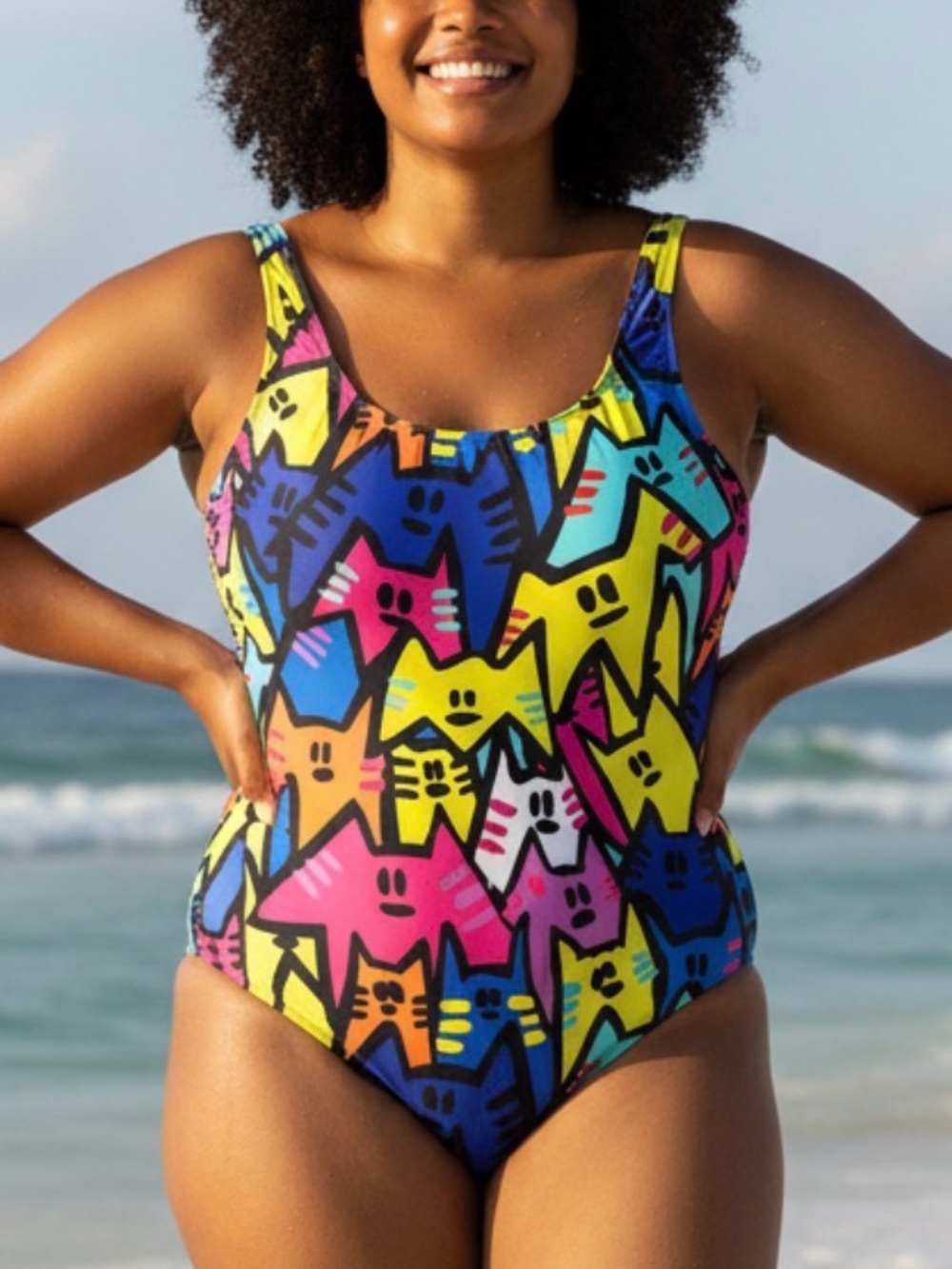 Women's XXL One-Piece Swimsuit in Multicolor Cat Print NEW